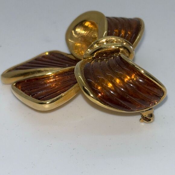Joan Rivers Vintage brown ribbon bow amber resin crystals lucite brooch pin +box - Picture 5 of 9